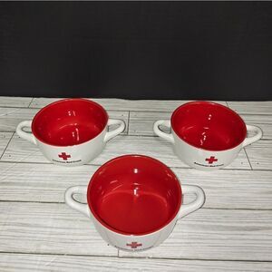 Set of 3 Vintage American Red Cross Ceramic Double-Handled Kitchen Soup Bowls